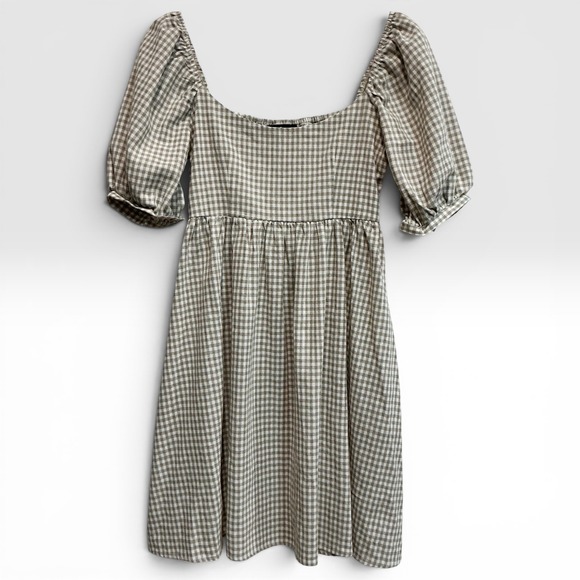 Pomander Place Dresses & Skirts - Pomander Place Tuckernuck Gingham Abigail Dress Tan White Puff Sleeve Mini XS